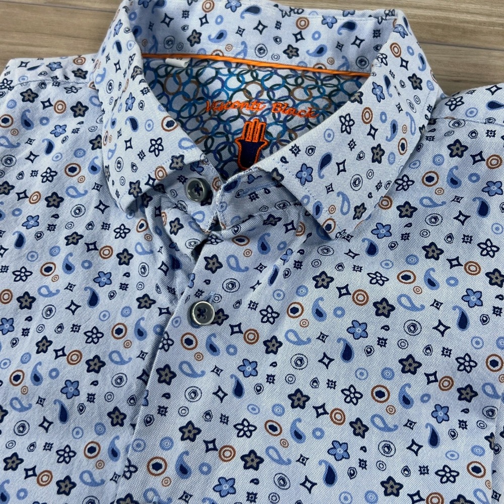 Visconti Black Mens XL Blue Paisley Floral Geometric Button Down Shirt LS